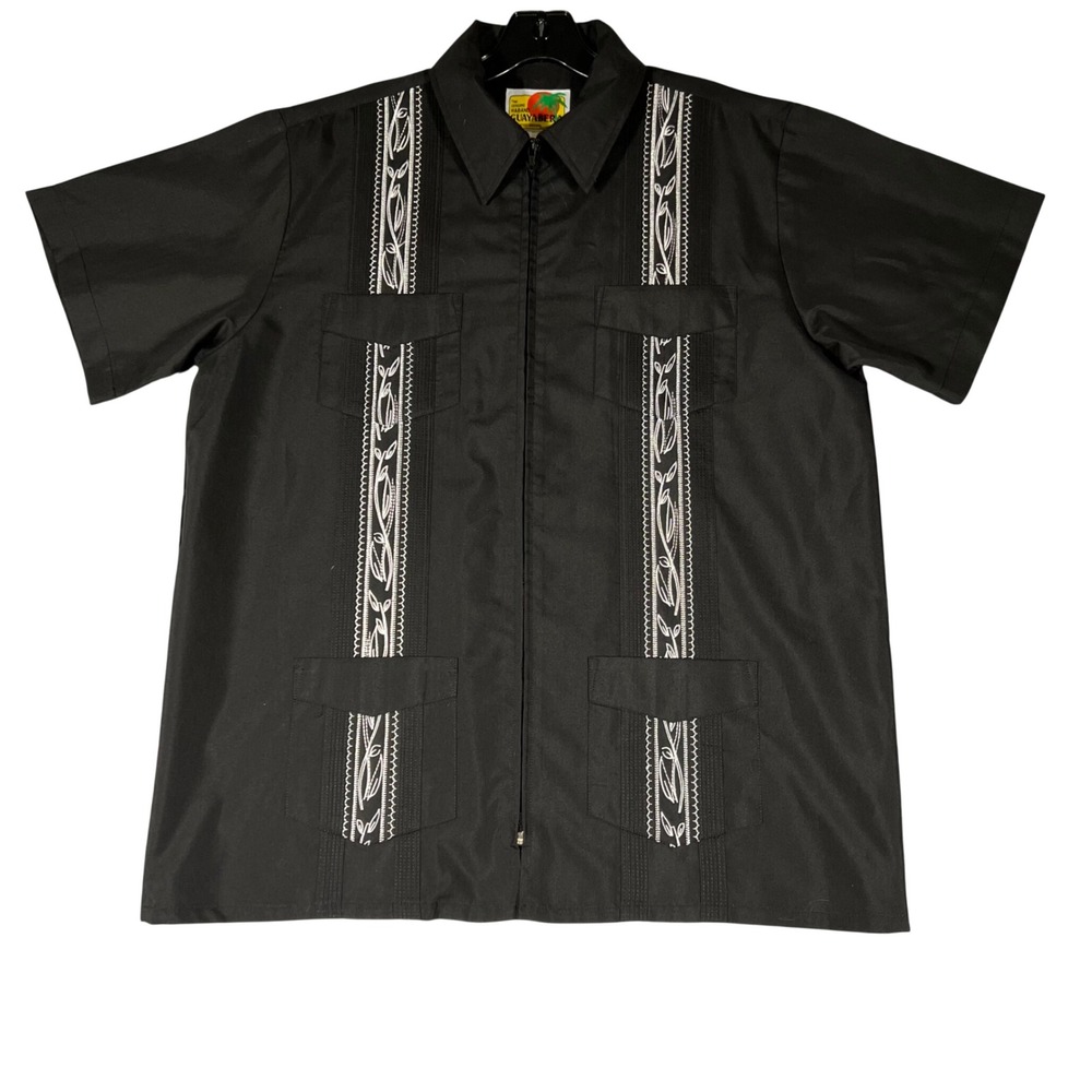 Haband Genuine Guayabera Mens Medium Black Full Zip Short Sleeve Shirt